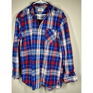 Tommy Hilfiger Flannel Shirt Mens Sz XL Red Blue Plaid Relaxed Fit Button Up